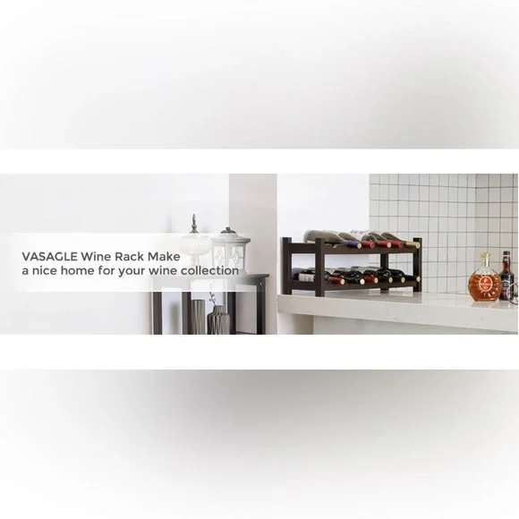 VASAGLE 12-Wooden Wine Rack, 2-Tier Tabletop Bottles Storage Shelf, Espresso
